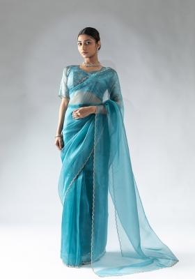 Blue Woven Tissue Silk Saree Set With Blouse