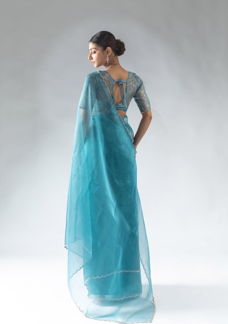 Blue Woven Tissue Silk Saree Set With Blouse