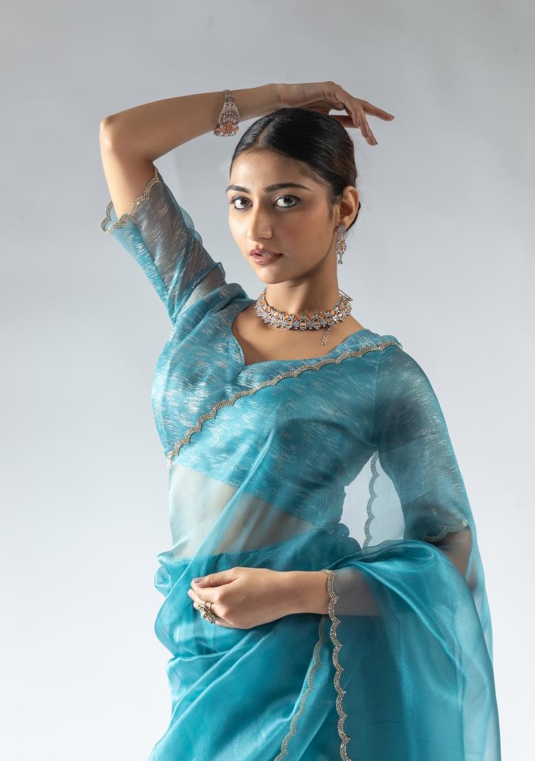 Blue Woven Tissue Silk Saree Set With Blouse