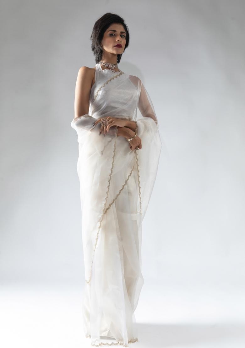 White Woven Tissue Silk Saree Set With Blouse