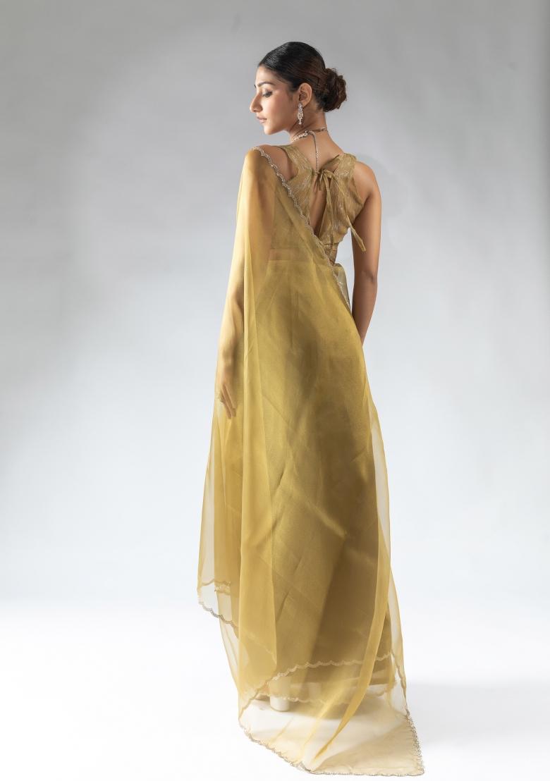 Mustard Yellow Woven Tissue Silk Saree Set With Blouse