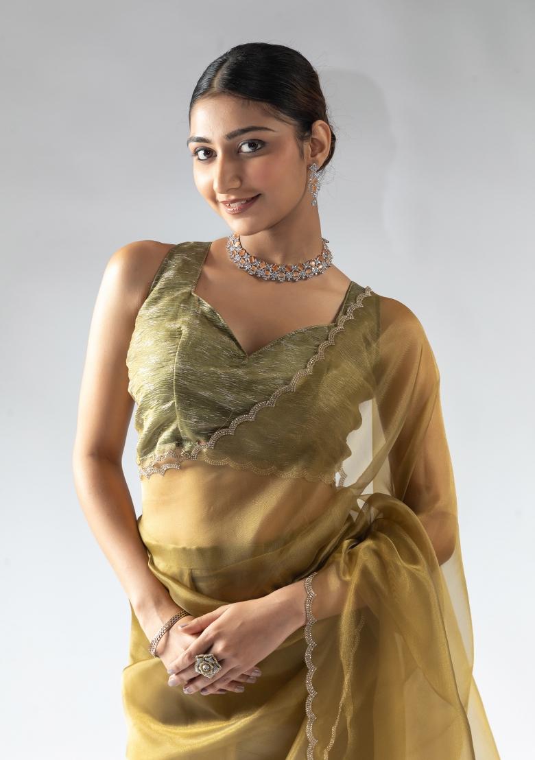 Mustard Yellow Woven Tissue Silk Saree Set With Blouse