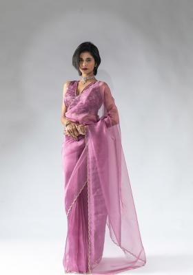 Onion Pink Woven Tissue Silk Saree Set With Blouse