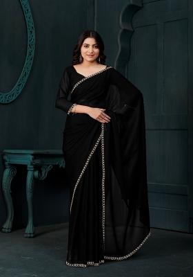 Black Embellished Satin Silk Saree Set With Blouse
