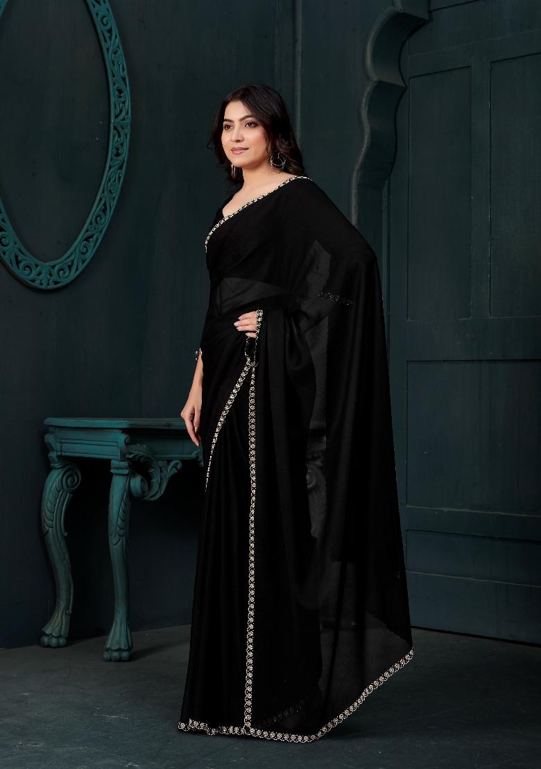 Black Embellished Satin Silk Saree Set With Blouse