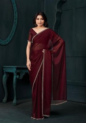 Maroon Embellished Satin Silk Saree Set With Blouse