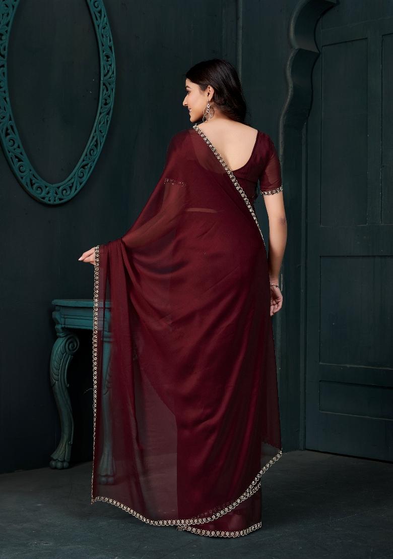 Maroon Embellished Satin Silk Saree Set With Blouse