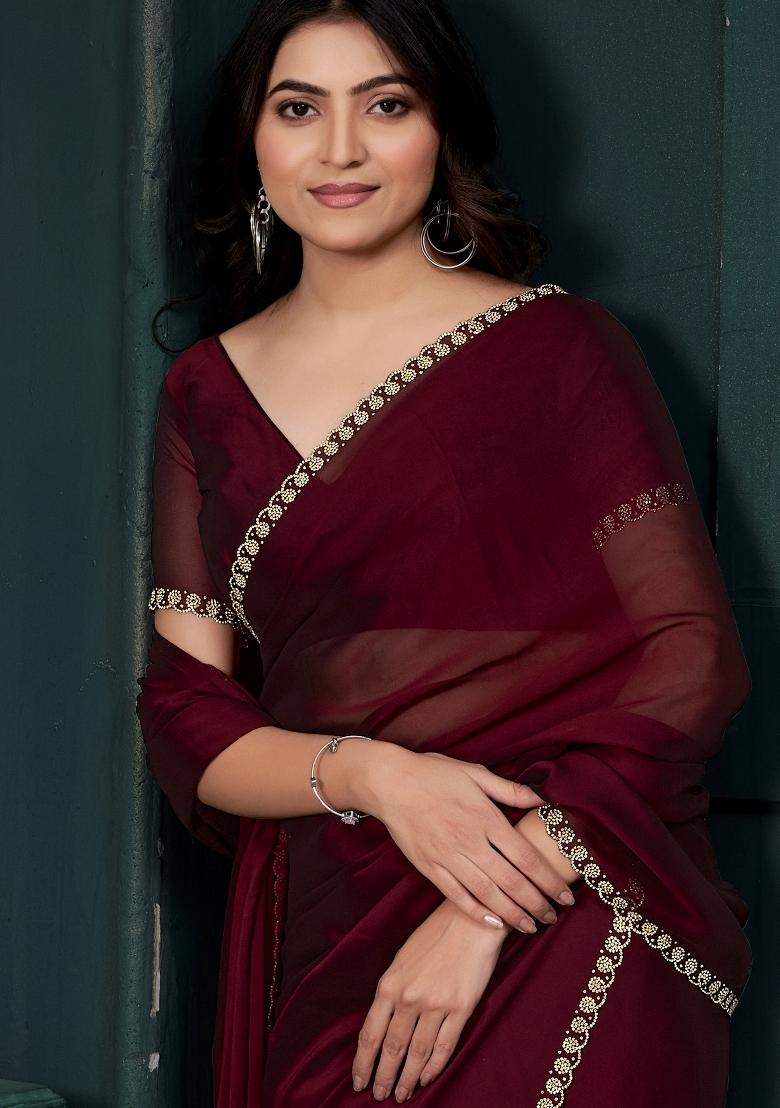 Maroon Embellished Satin Silk Saree Set With Blouse