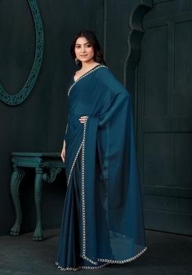 Teal Blue Embellished Satin Silk Saree Set With Blouse
