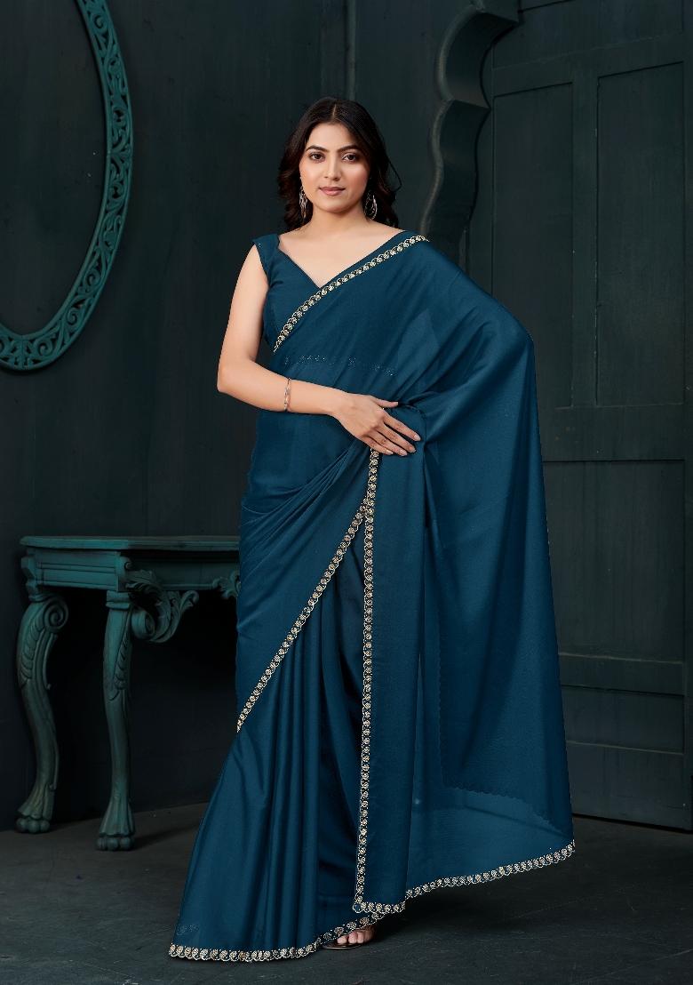 Teal Blue Embellished Satin Silk Saree Set With Blouse