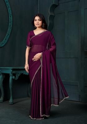Wine Embellished Satin Silk Saree Set With Blouse