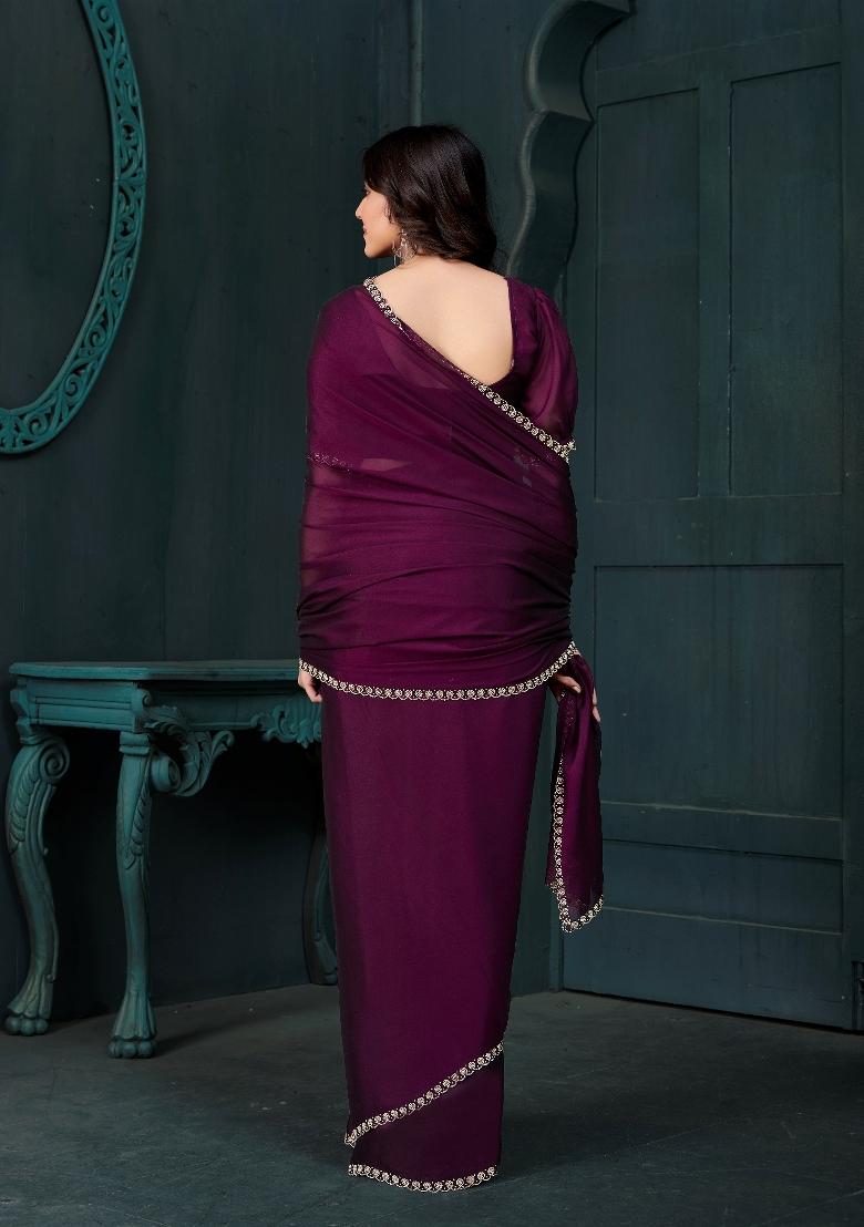 Wine Embellished Satin Silk Saree Set With Blouse