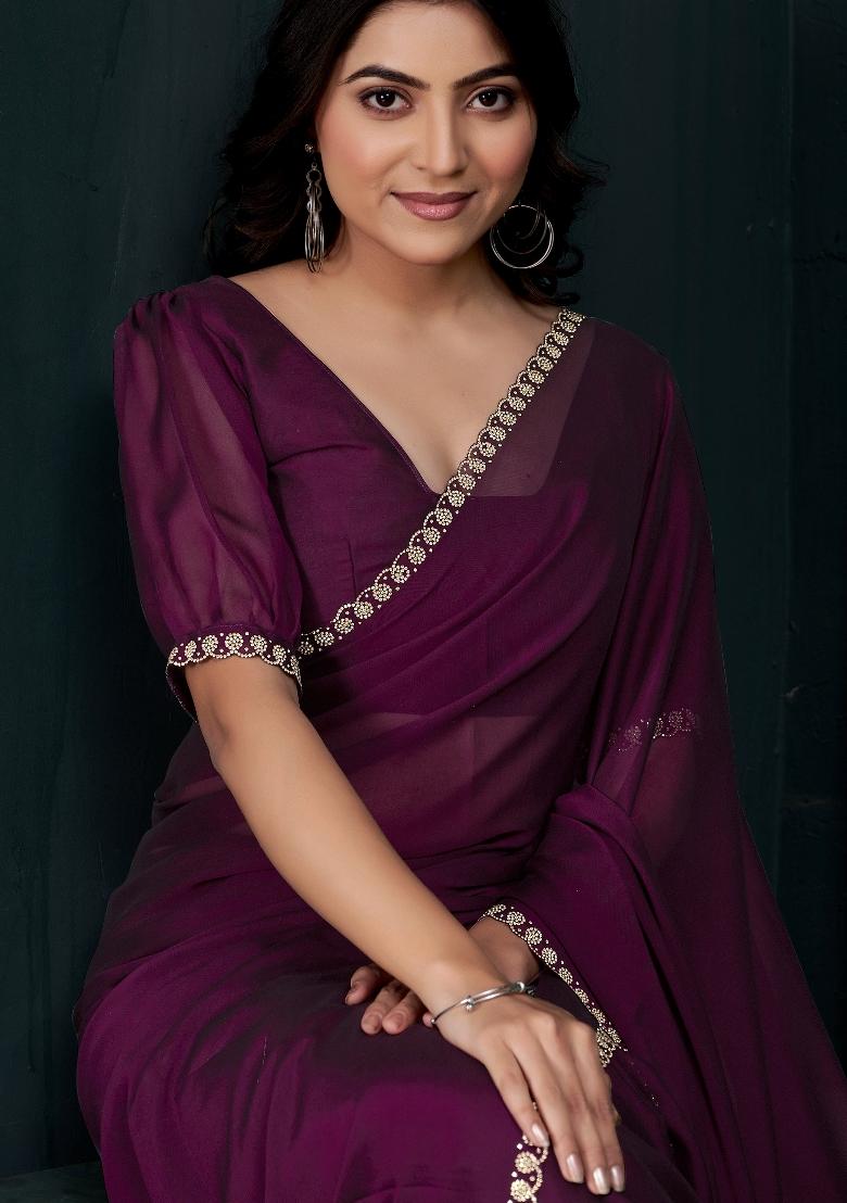 Wine Embellished Satin Silk Saree Set With Blouse