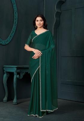 Teal Green Embellished Satin Silk Saree Set With Blouse