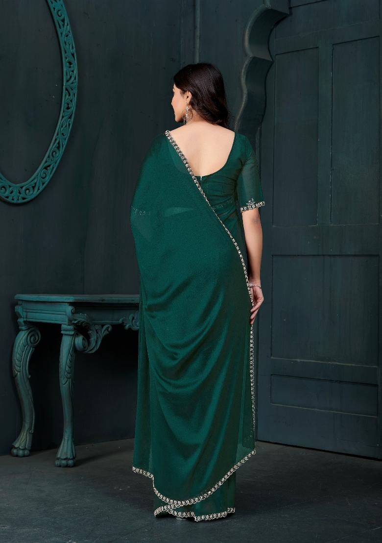 Teal Green Embellished Satin Silk Saree Set With Blouse