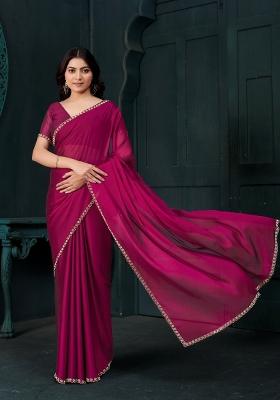 Pink Embellished Satin Silk Saree Set With Blouse