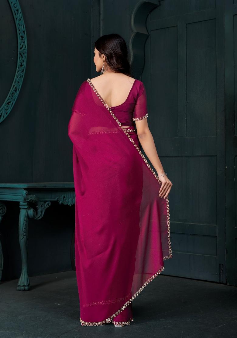 Pink Embellished Satin Silk Saree Set With Blouse