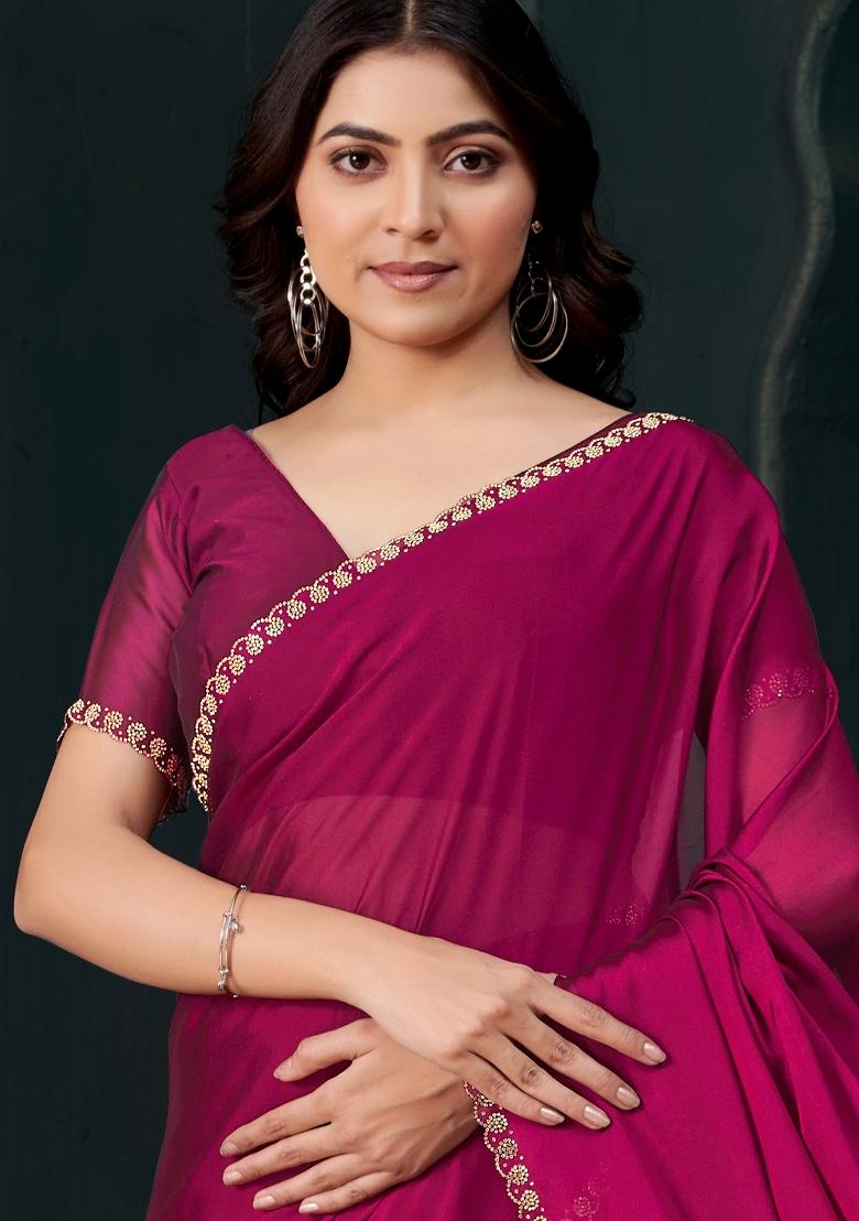 Pink Embellished Satin Silk Saree Set With Blouse