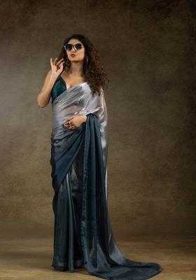 Beige And  Turquoise Blue Solid Satin Silk Saree Set With Blouse