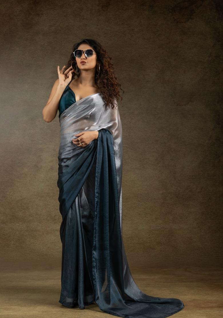 Beige And  Turquoise Blue Solid Satin Silk Saree Set With Blouse