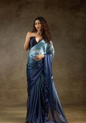 Sky Blue Solid Satin Silk Saree Set With Blouse