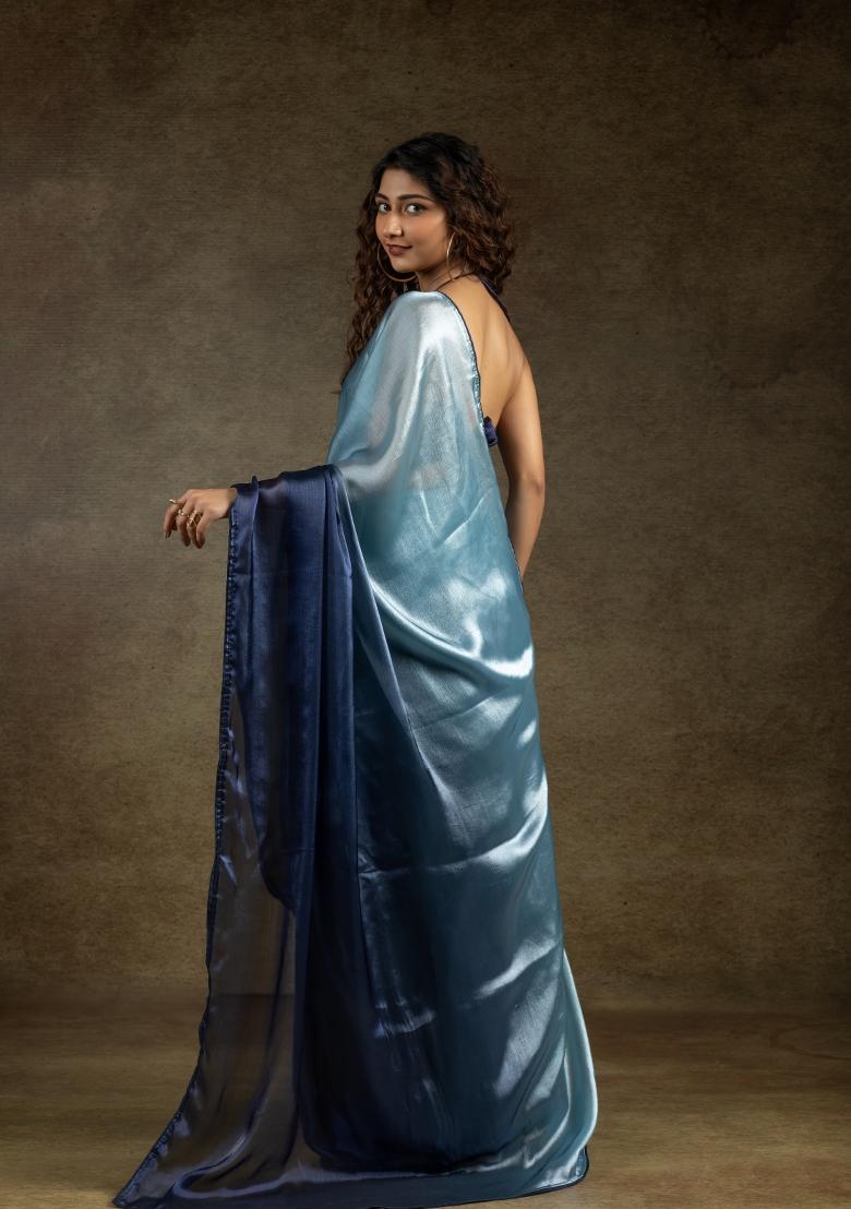 Sky Blue Solid Satin Silk Saree Set With Blouse