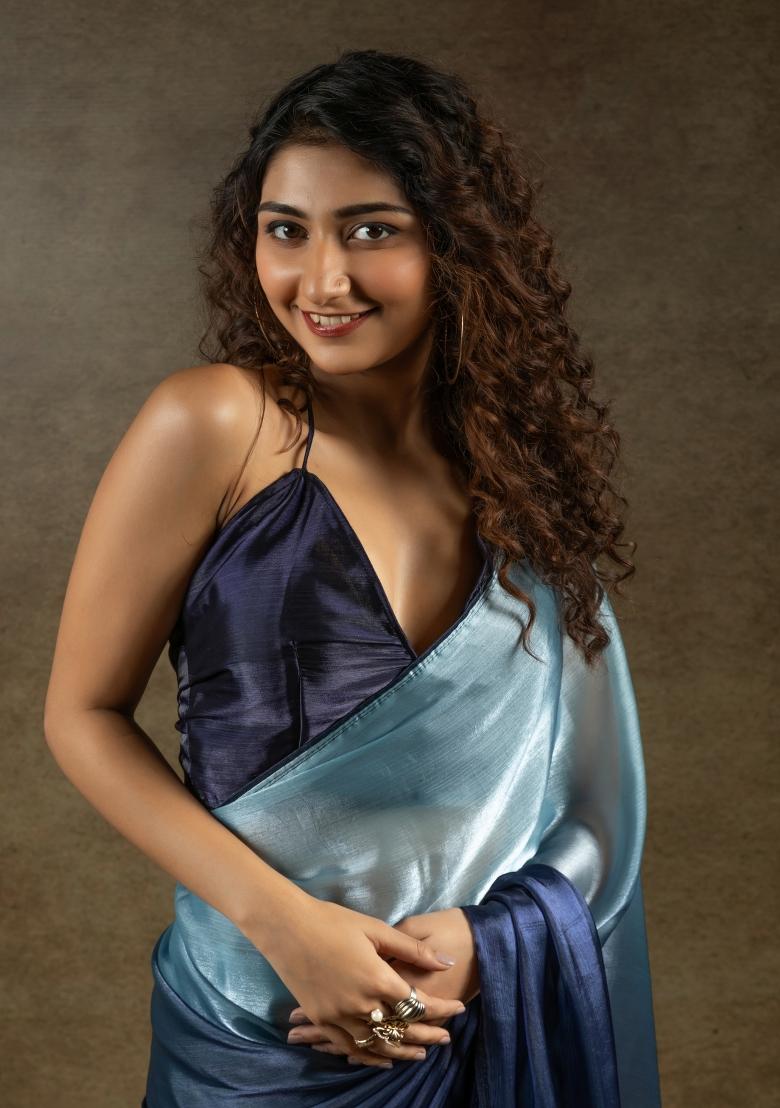 Sky Blue Solid Satin Silk Saree Set With Blouse