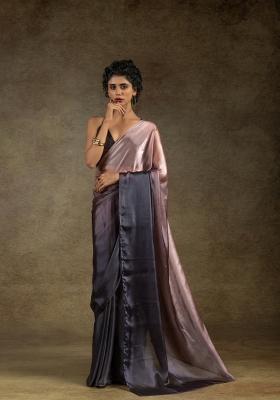 Peach And Coffee Solid Satin Silk Saree Set With Blouse