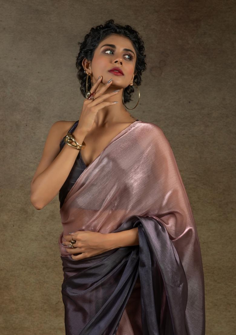 Peach And Coffee Solid Satin Silk Saree Set With Blouse