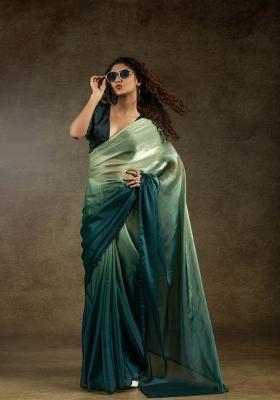 Pista Green Solid Satin Silk Saree Set With Blouse