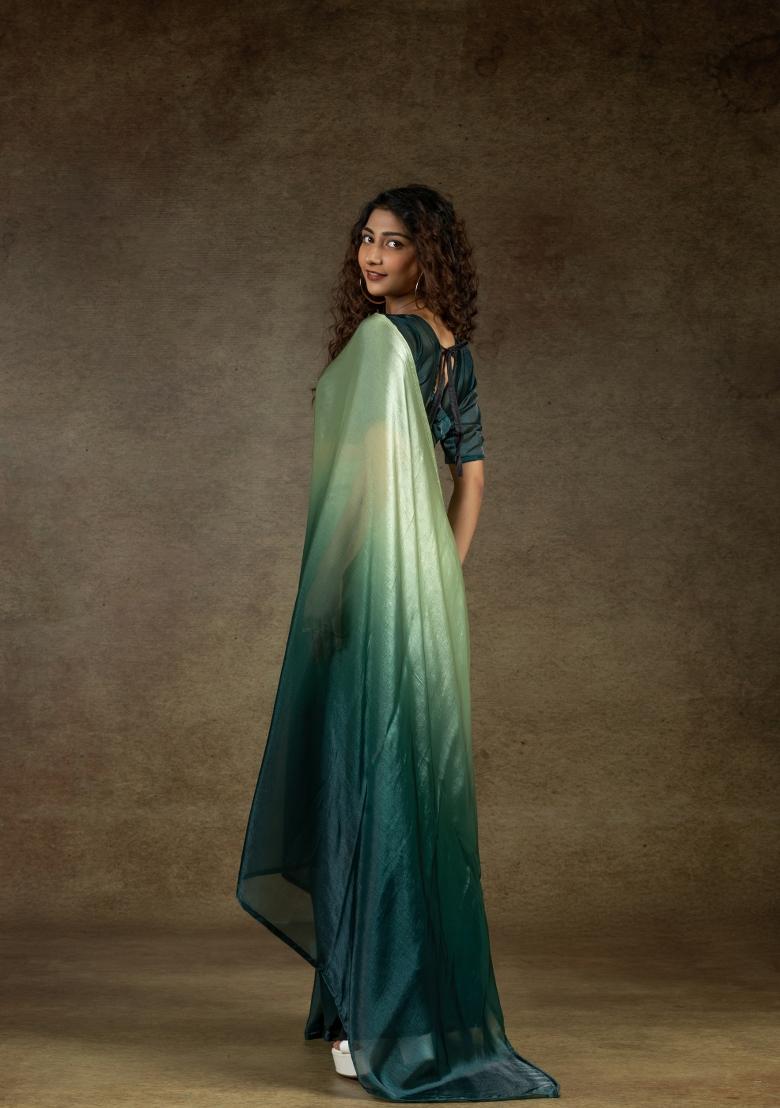 Pista Green Solid Satin Silk Saree Set With Blouse
