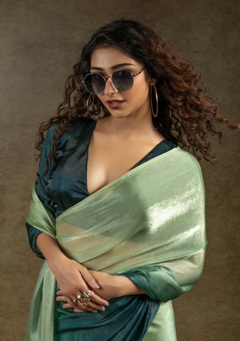 Pista Green Solid Satin Silk Saree Set With Blouse