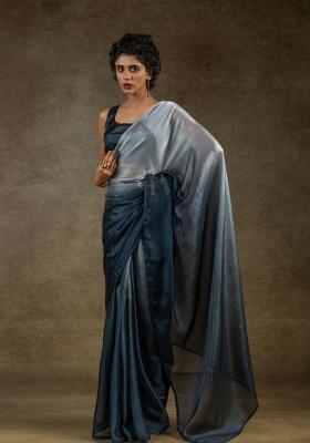 Dark Grey Solid Satin Silk Saree Set With Blouse