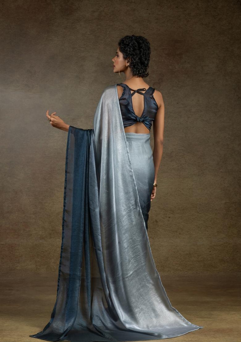 Dark Grey Solid Satin Silk Saree Set With Blouse