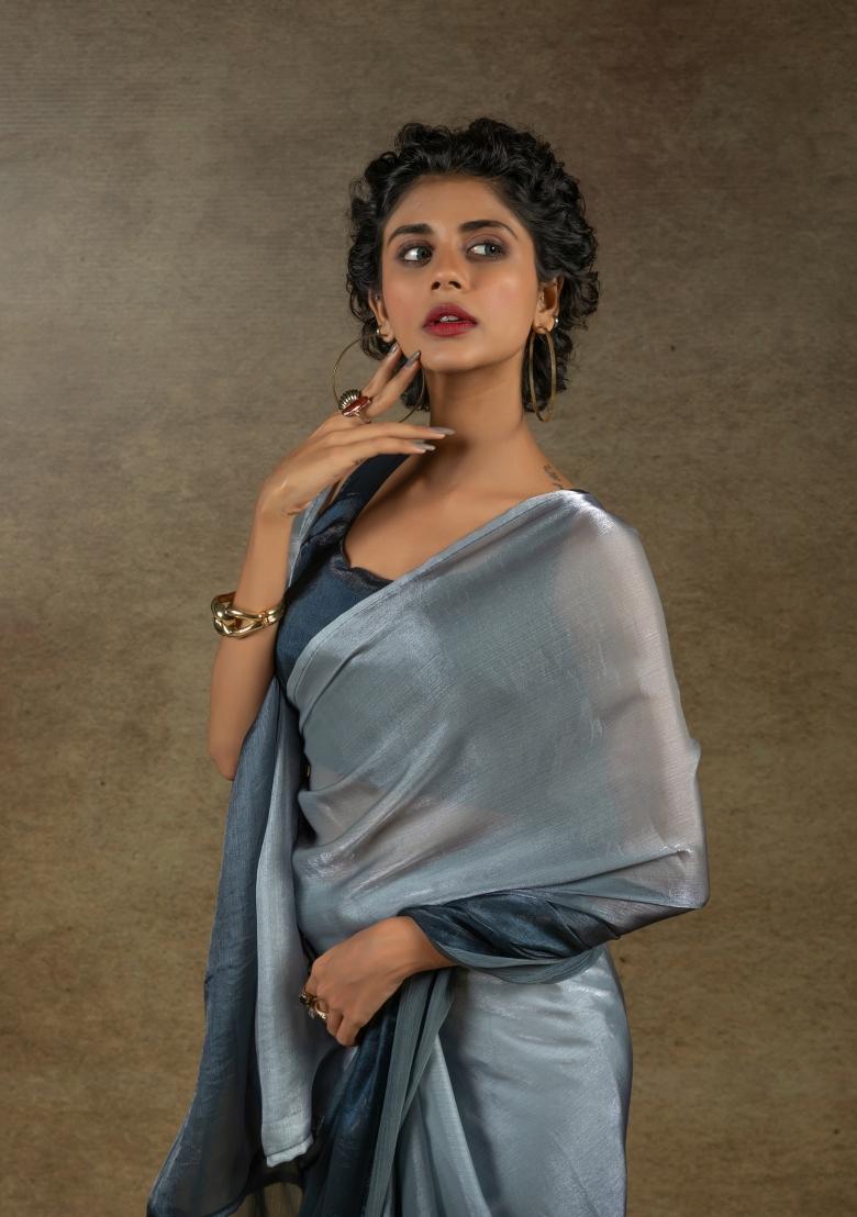 Dark Grey Solid Satin Silk Saree Set With Blouse