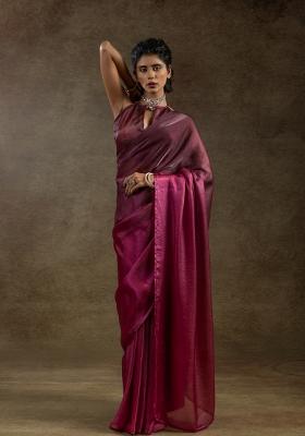 Pink Solid Satin Silk Saree Set With Blouse