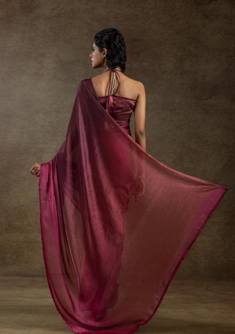 Pink Solid Satin Silk Saree Set With Blouse