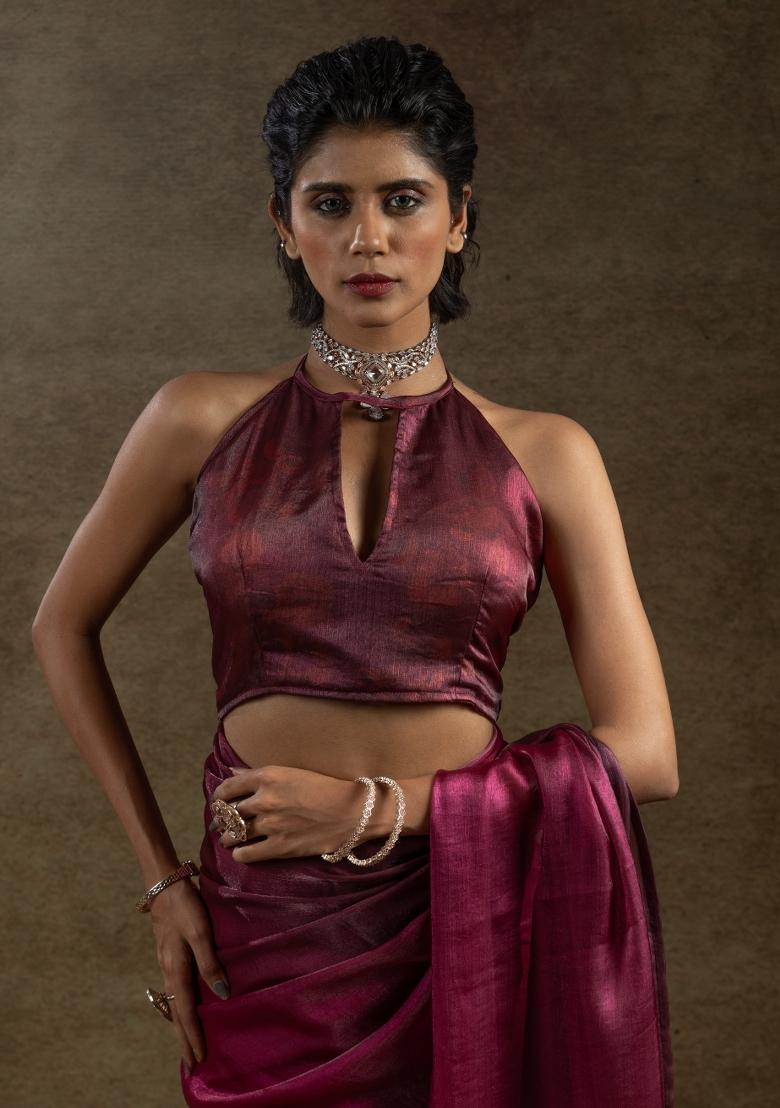 Pink Solid Satin Silk Saree Set With Blouse