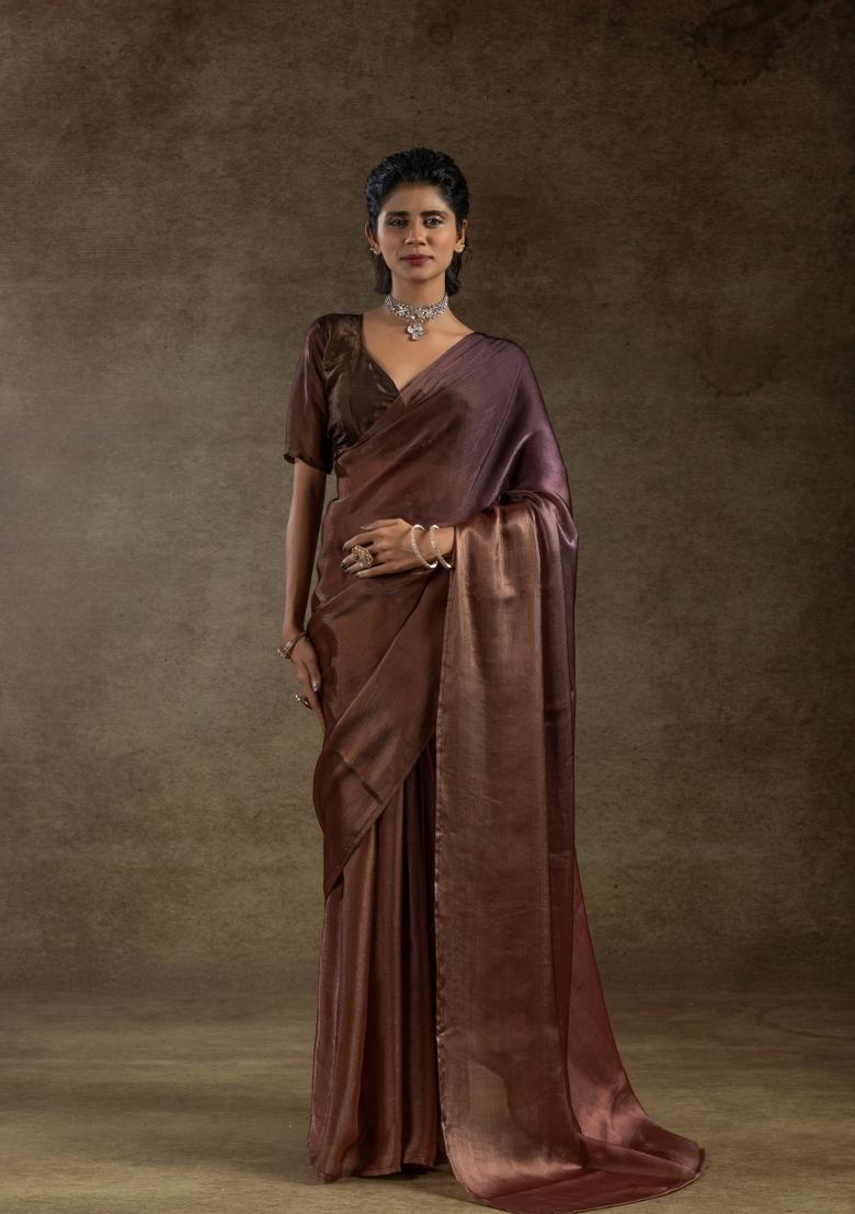 Gold Solid Satin Silk Saree Set With Blouse