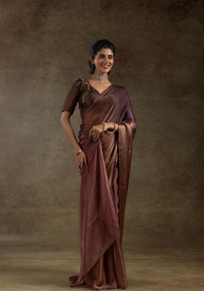 Gold Solid Satin Silk Saree Set With Blouse
