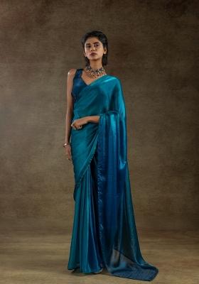 Turquoise Blue Solid Satin Silk Saree Set With Blouse