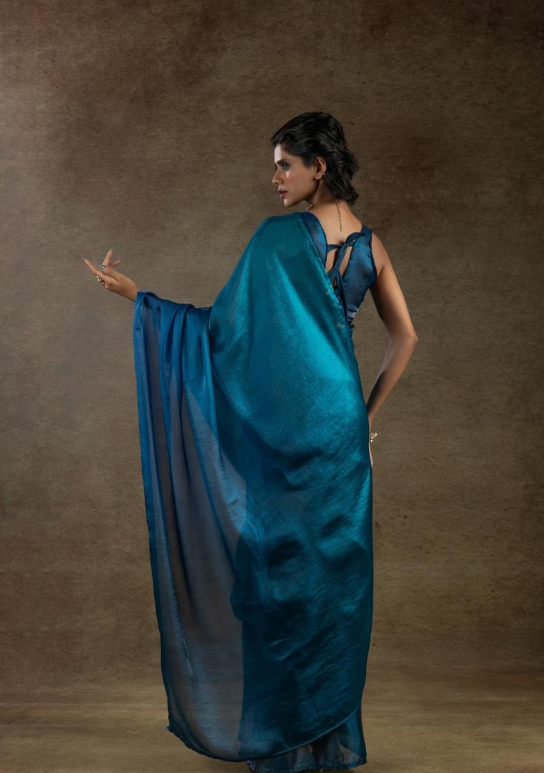 Turquoise Blue Solid Satin Silk Saree Set With Blouse