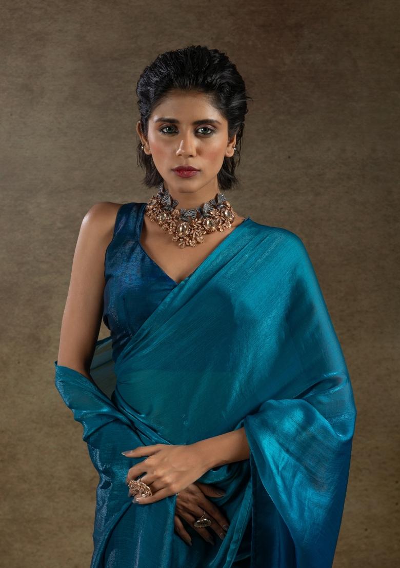 Turquoise Blue Solid Satin Silk Saree Set With Blouse