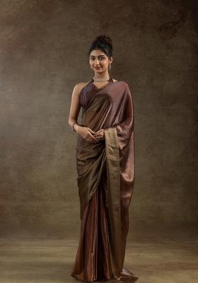Brown Solid Satin Silk Saree Set With Blouse