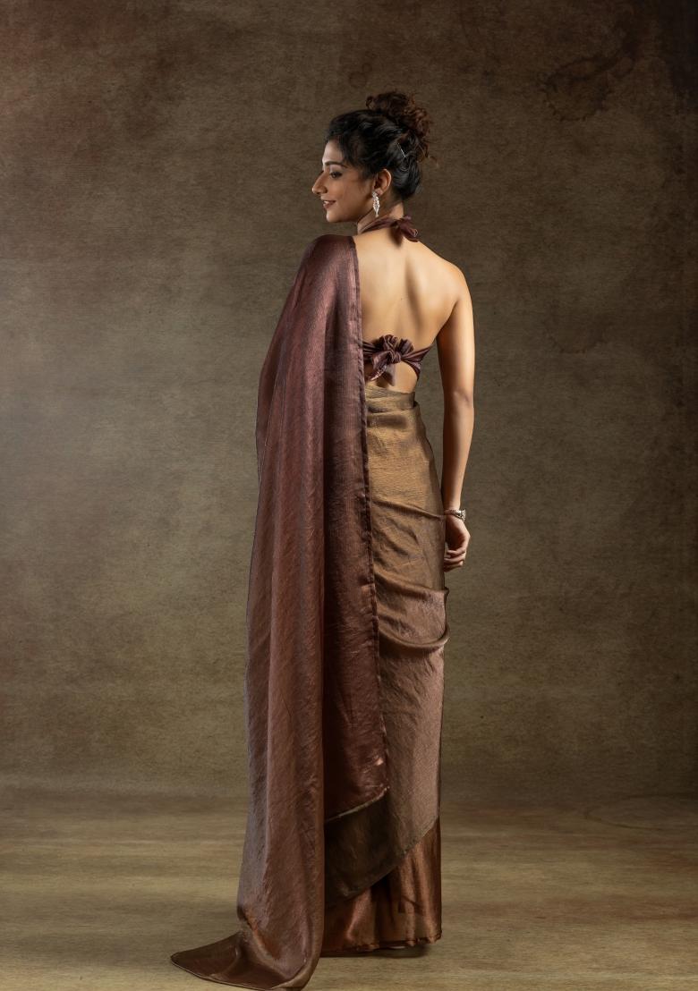 Brown Solid Satin Silk Saree Set With Blouse