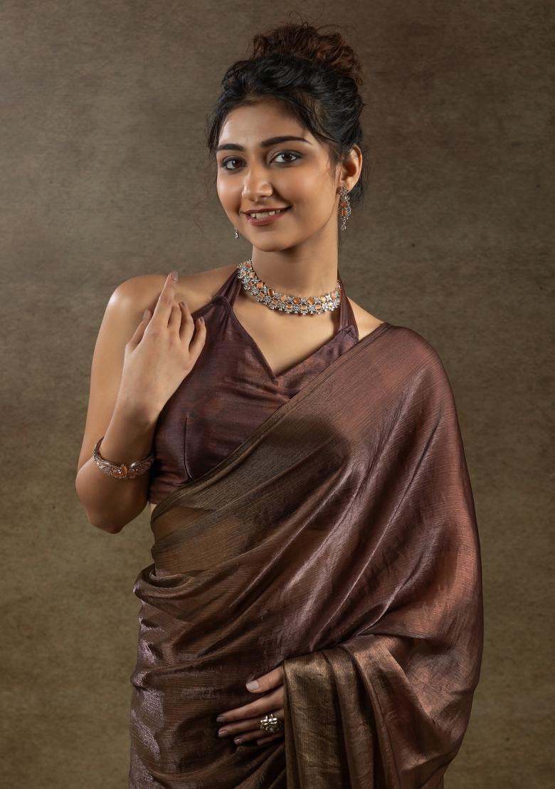 Brown Solid Satin Silk Saree Set With Blouse