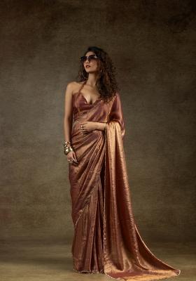 Gold Embellished Satin Silk Saree Set With Blouse
