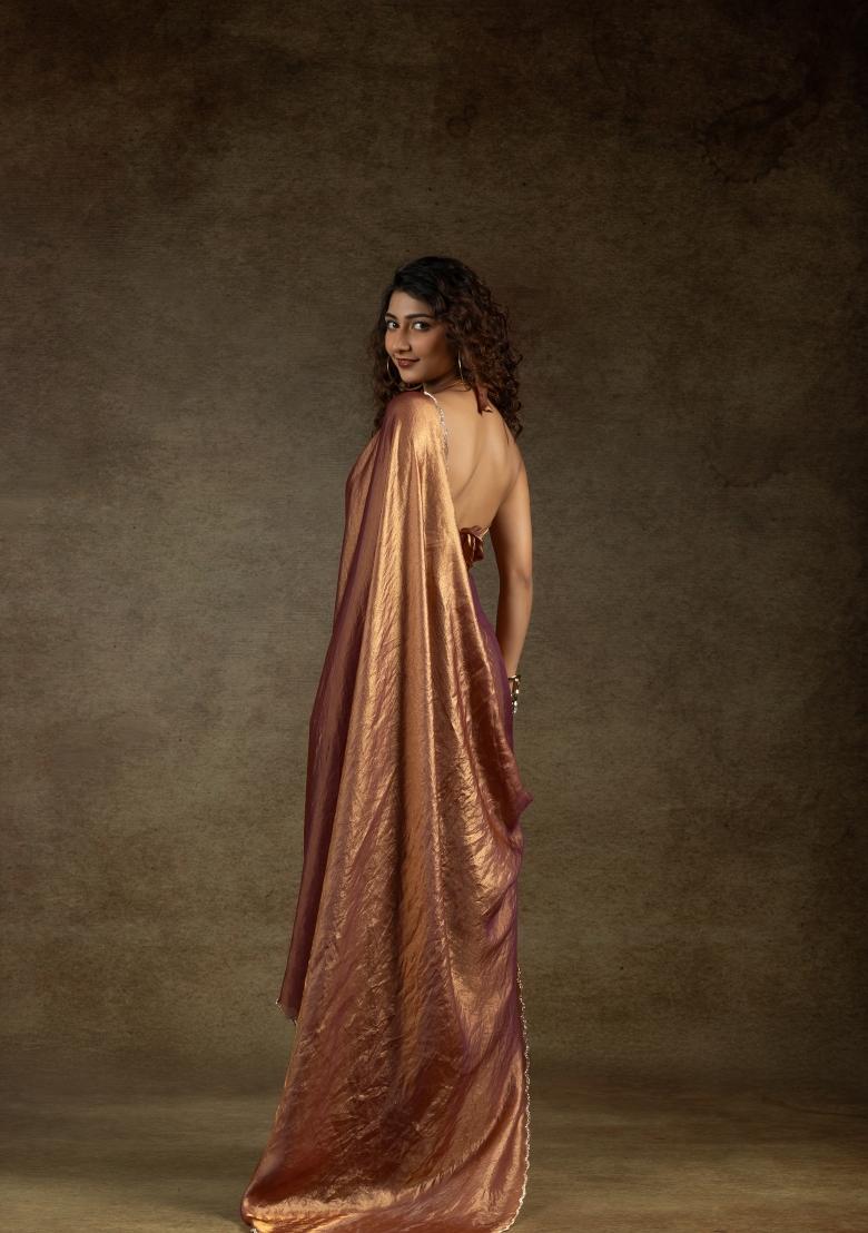 Gold Embellished Satin Silk Saree Set With Blouse