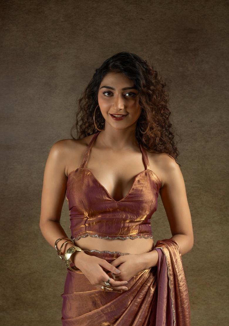 Gold Embellished Satin Silk Saree Set With Blouse