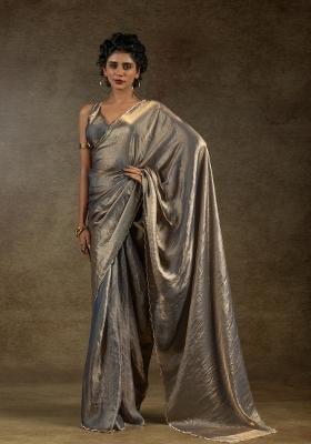 Grey Embellished Satin Silk Saree Set With Blouse